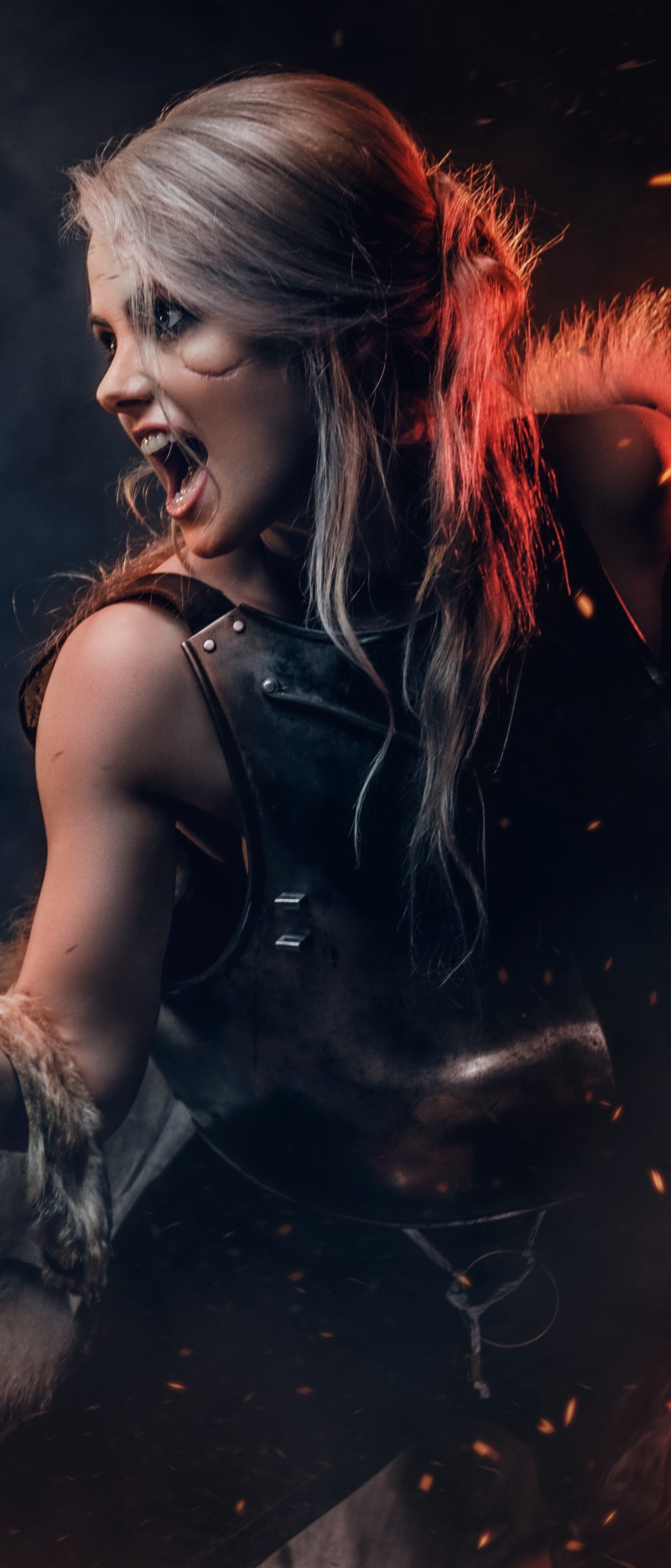 Cosplay Ciri in a costume with a sword - Wallpapers for Sony Xperia 1/Xperia 1 III/Xperia PRO-I in 1644x3840 resolution