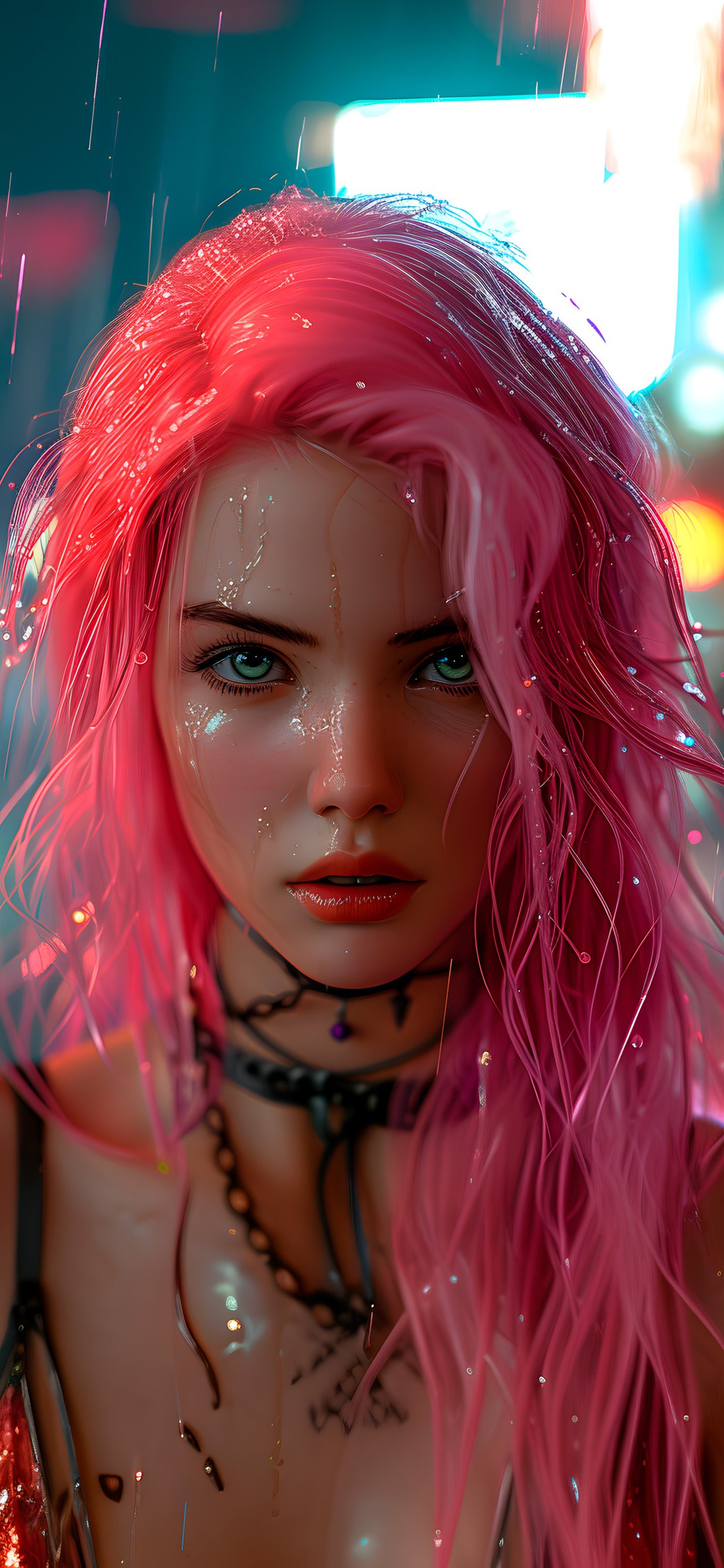 Woman with pink hair in rain - Wallpapers for iPhone 12 Pro/13 Pro/14 in 1170x2532 resolution
