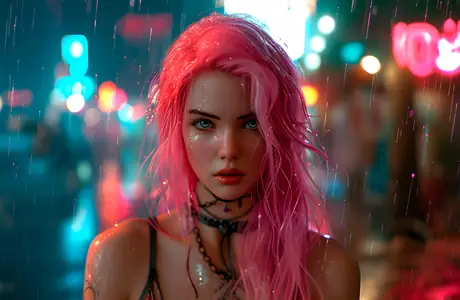 People wallpapers: woman, pink hair, green eyes, rain