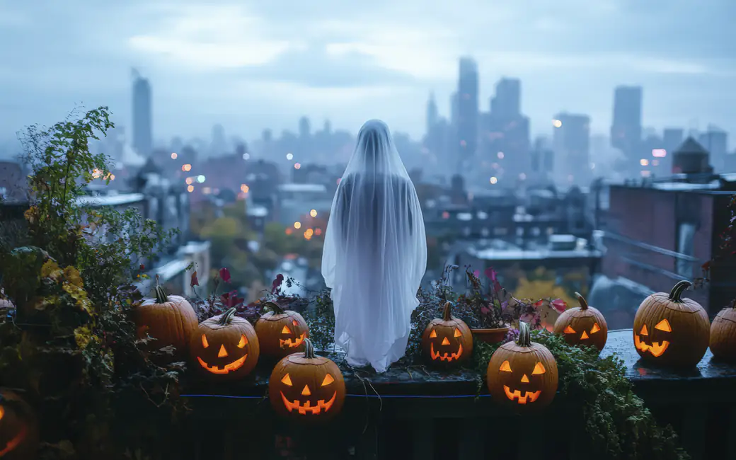Ghost figure with jack-o-lanterns at night — desktop and phone wallpaper, free download