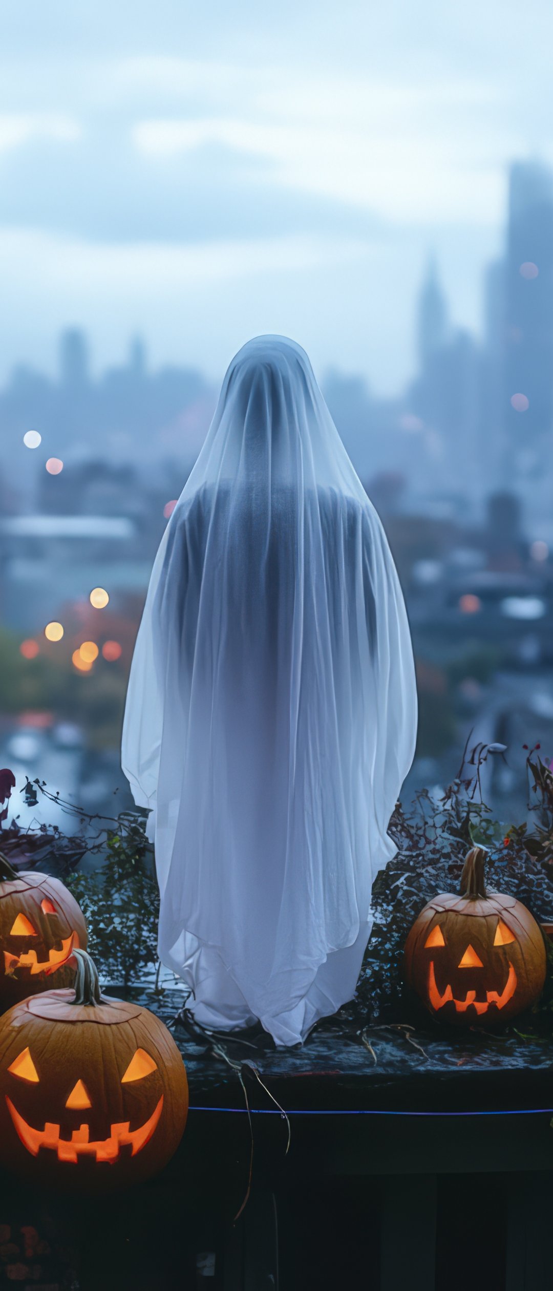 Ghost figure with jack-o-lanterns at night - Wallpapers for Samsung Galaxy Z Flip7, Sony Xperia 5 II/5 III/5 V/10 IV/10 V, Xiaomi Mix Fold 3 in 1080x2520 resolution