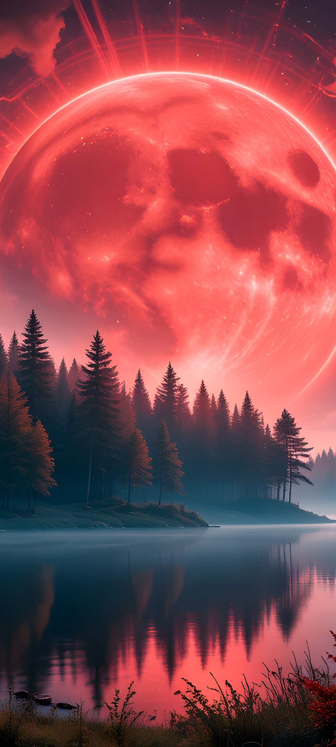 Mystical forest with a red moon - Wallpapers for Samsung Galaxy M55, POCO M4/X4/X5, Xiaomi Redmi 12/13/Note 13/Note 14/Note 14S in 1080x2400 resolution