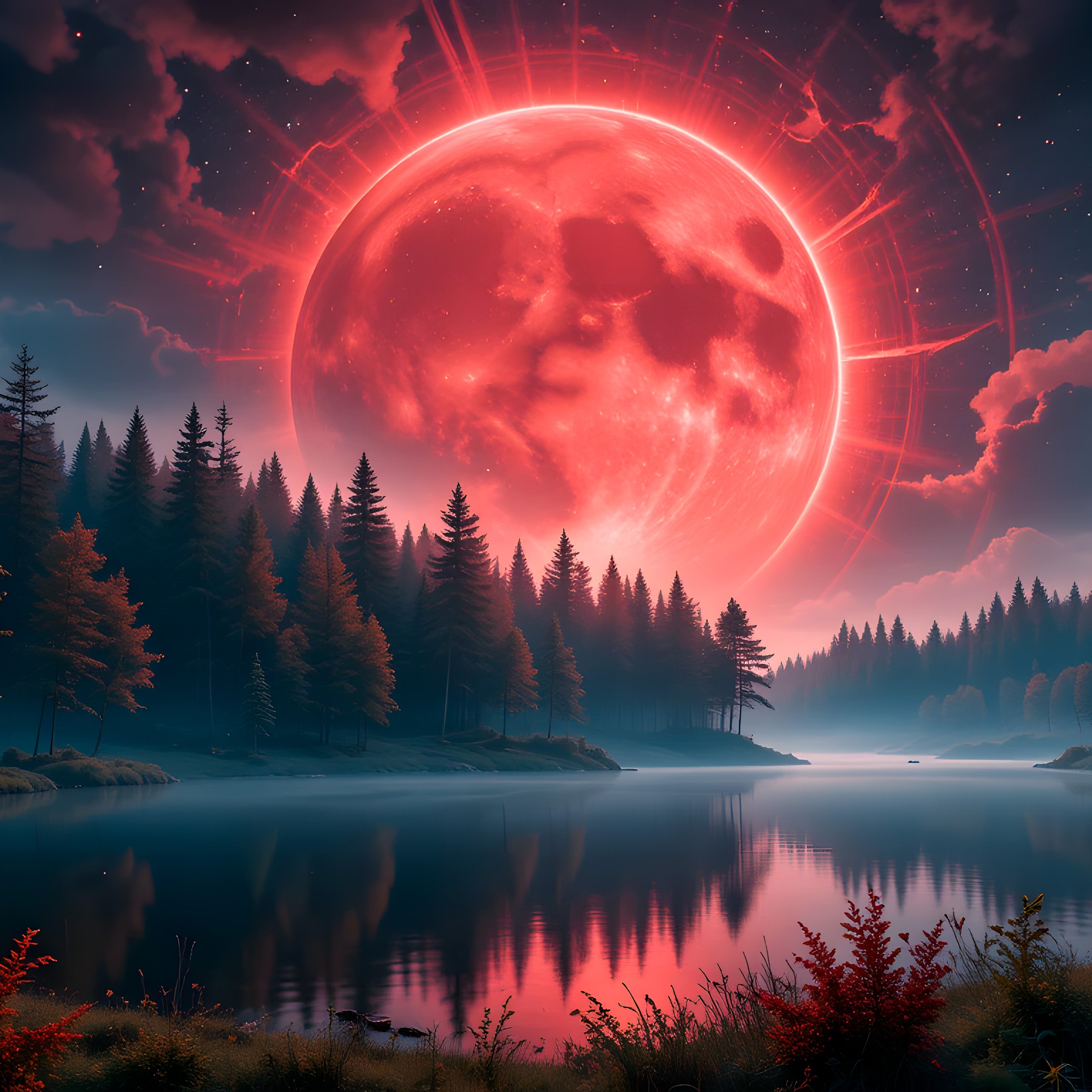 Mystical forest with a red moon - Wallpapers for iPad Pro 12.9″ in 2732x2732 resolution