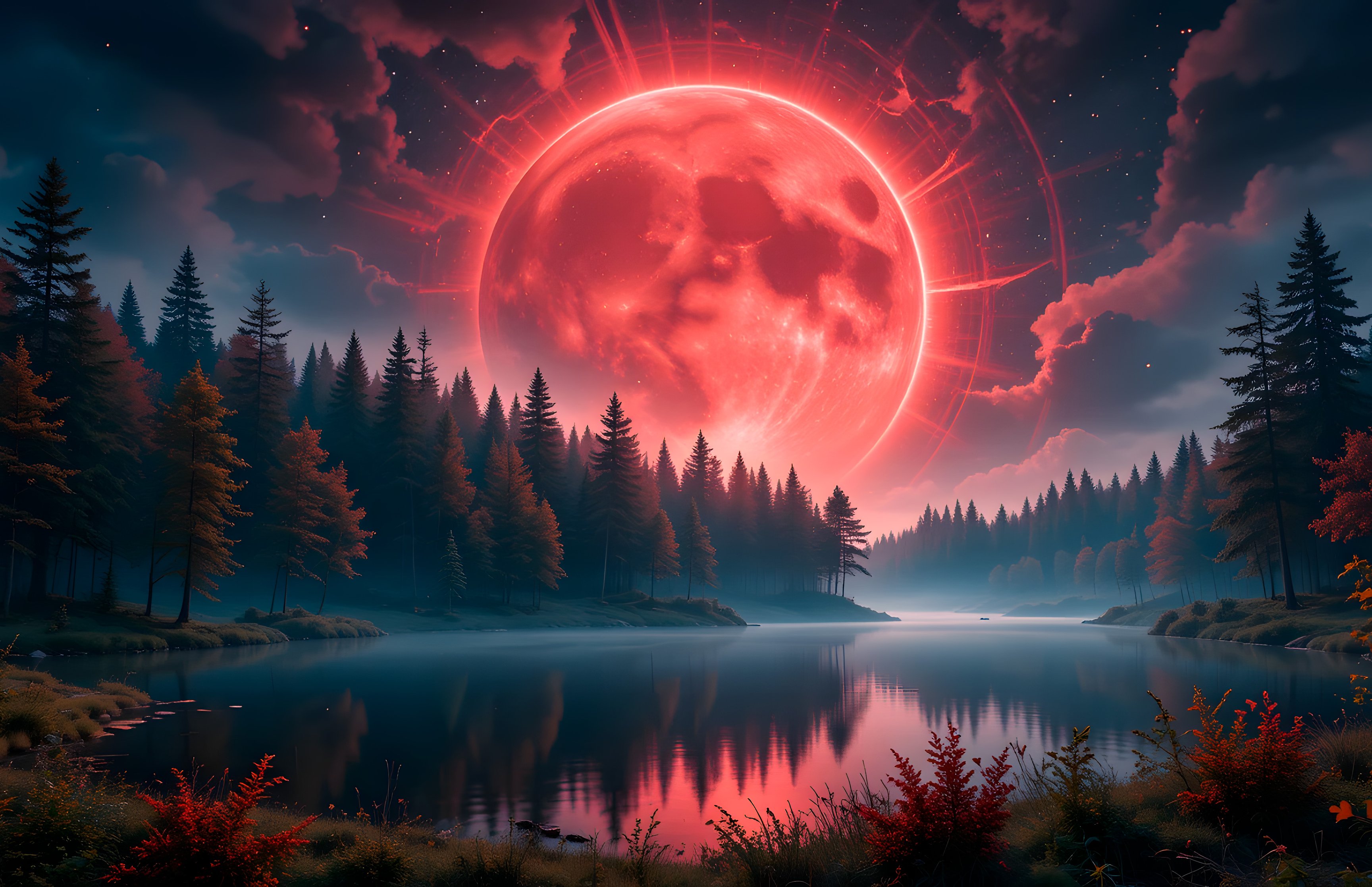 Mystical forest with a red moon - Wallpapers for Apple MacBook 16.2″ in 3456x2234 resolution