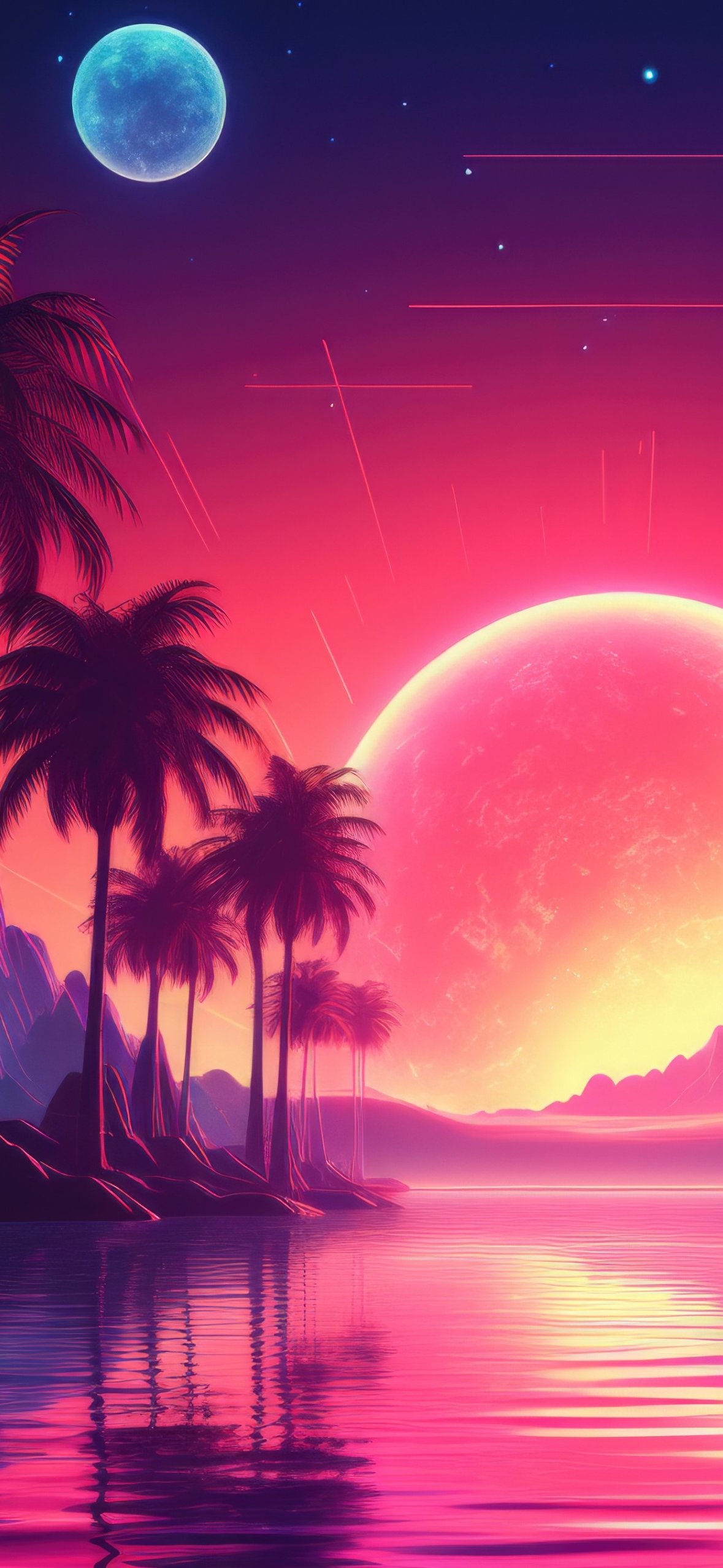 Tropical palm trees in a neon sunset - Wallpapers for iPhone 14 Pro/15 Pro in 1179x2556 resolution