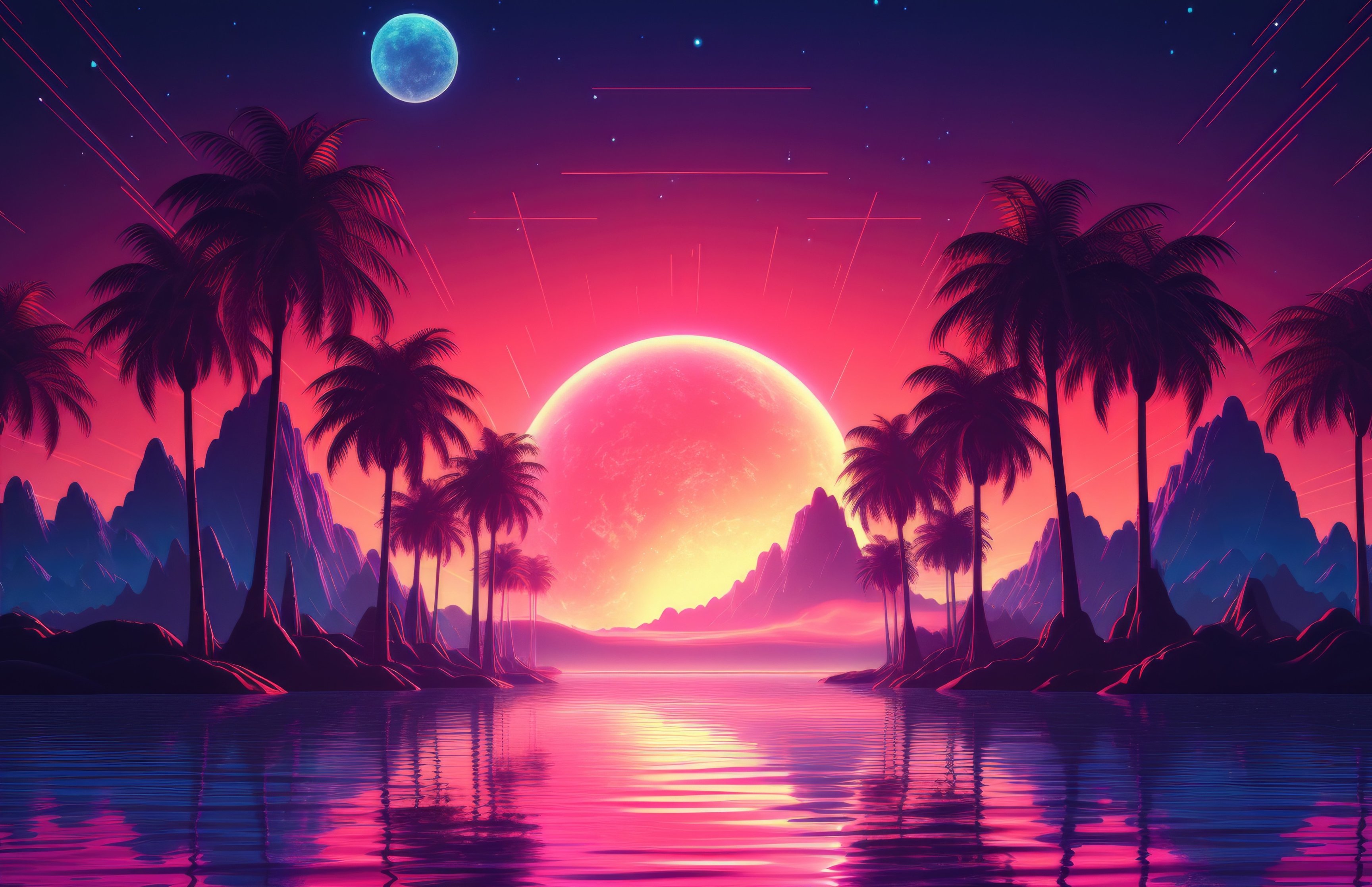Tropical palm trees in a neon sunset - Wallpapers for Apple MacBook 16.2″ in 3456x2234 resolution
