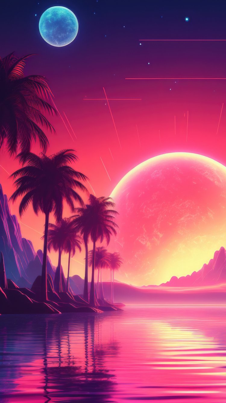 Tropical palm trees in a neon sunset - Wallpapers for iPhone 6/6S/7/8/SE2/SE3 in 750x1334 resolution