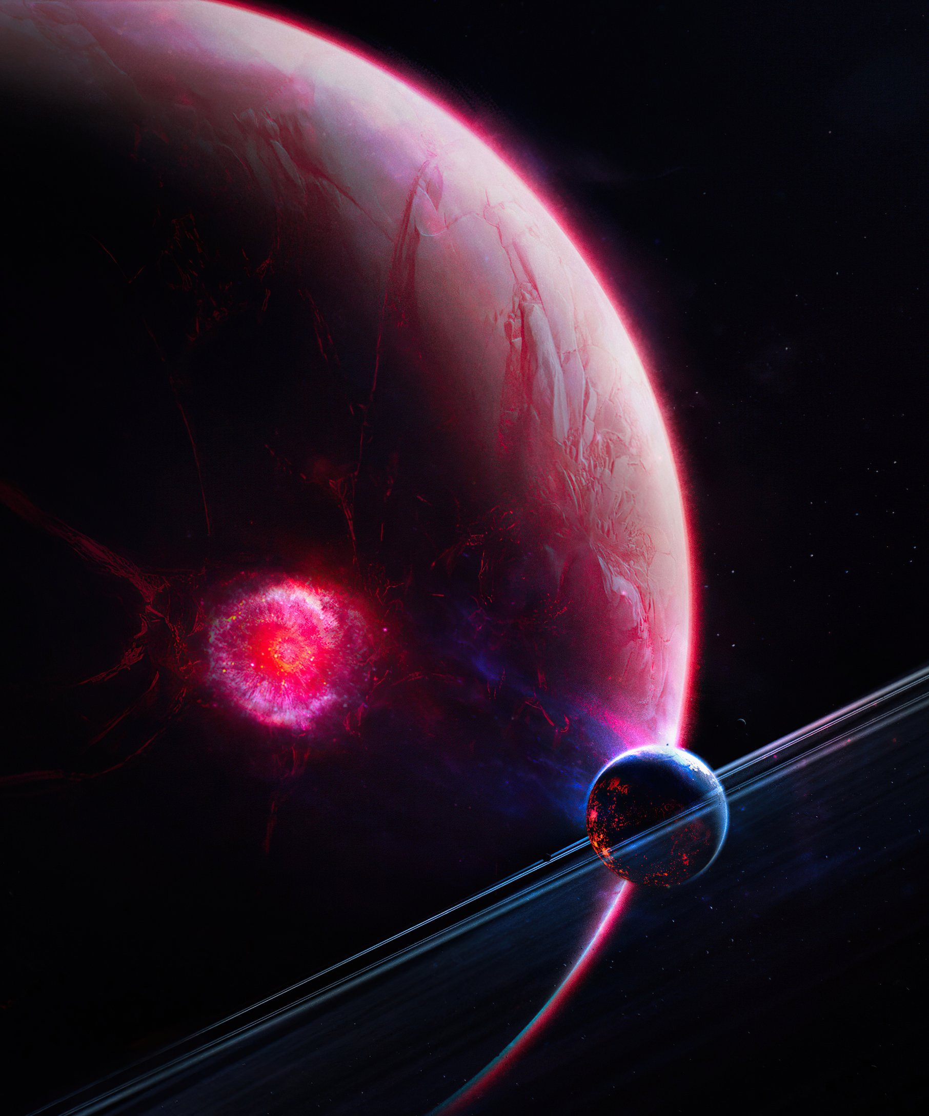 Red luminous planet with small moon - Wallpapers for Samsung Galaxy Z Fold4/Z Fold5/Z Fold6 in 1812x2176 resolution