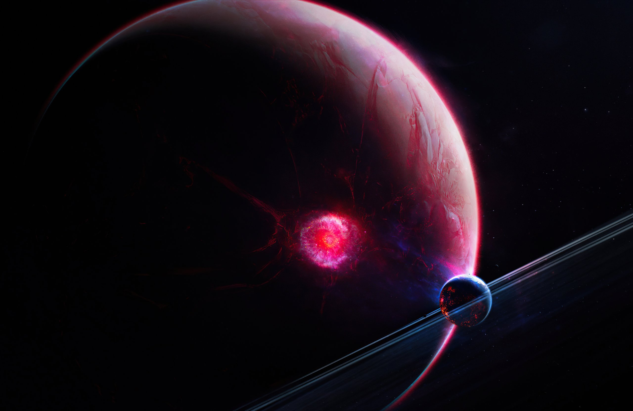 Red luminous planet with small moon - Wallpapers for Apple MacBook Air 13 M2″ in 2560x1664 resolution