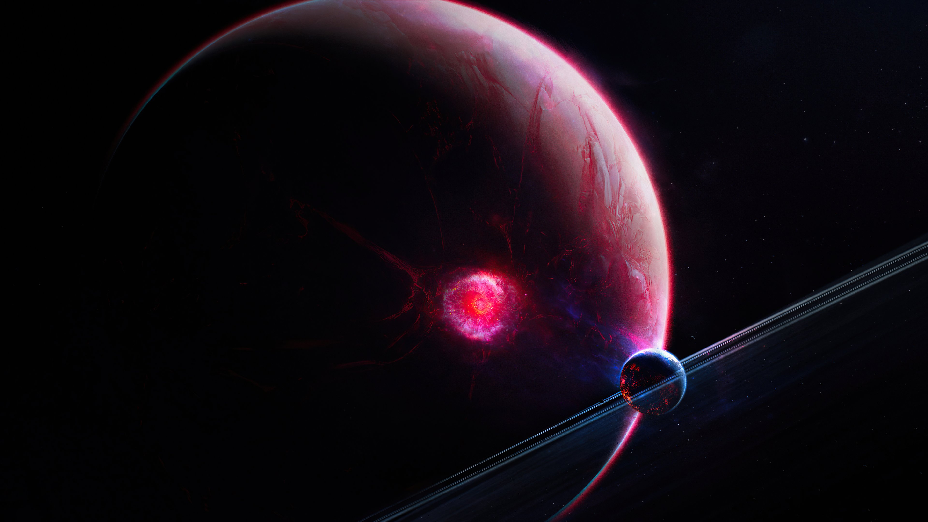 Red luminous planet with small moon - 4K PC Wallpapers in 3840x2160 resolution