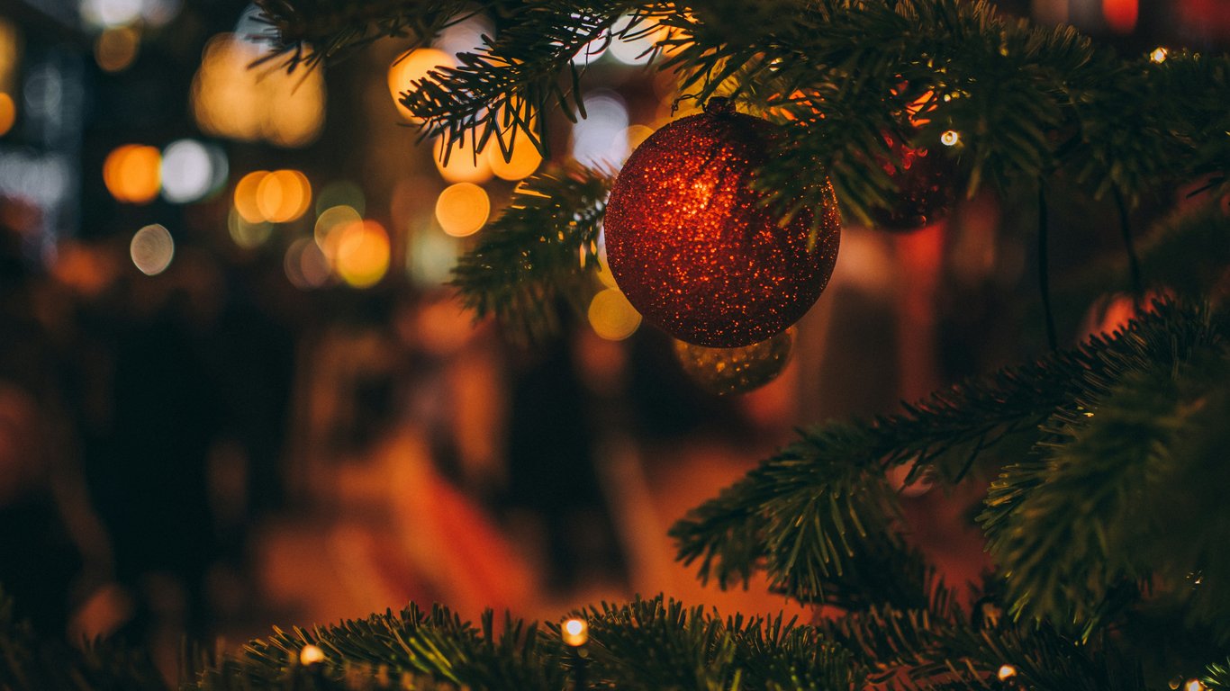 Red ball on the Christmas tree - Laptop Wallpapers in 1366x768 resolution