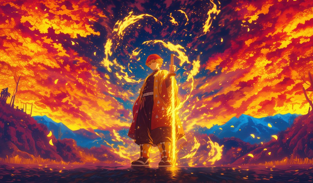 Zenitsu Agatsuma wielding fiery sword - WSVGA wallpapers in 1024x600 resolution