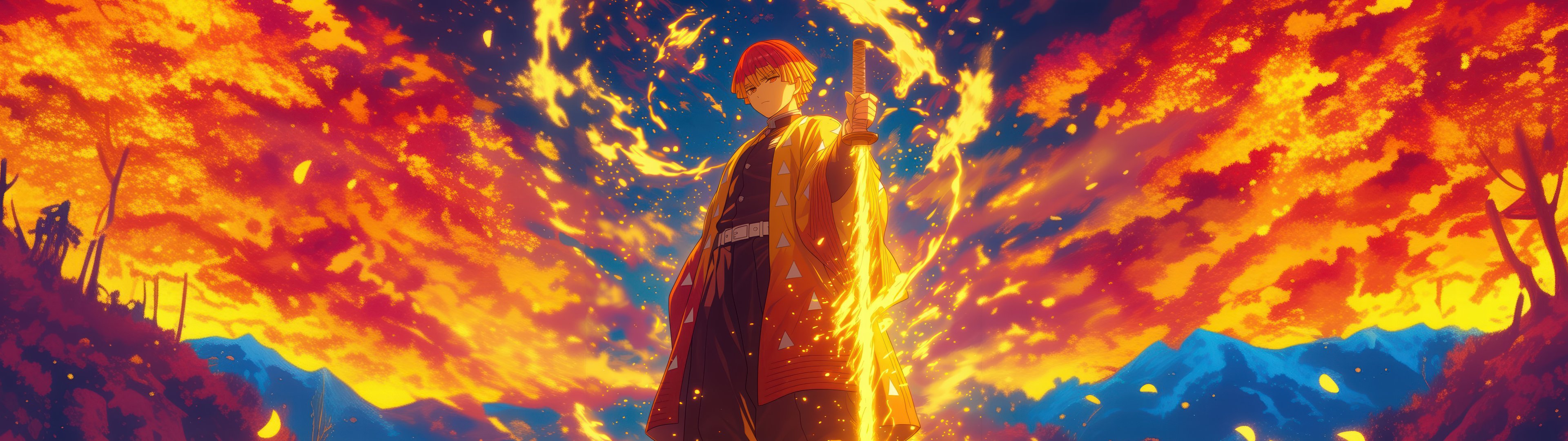 Zenitsu Agatsuma wielding fiery sword - UltraWide 32:9 wallpapers in 3840x1080 resolution