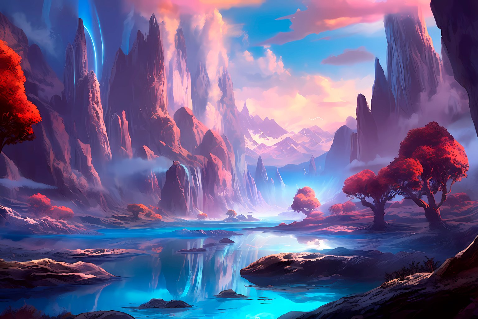 Mystical red forest in mountain valley - Microsoft Surface 12.4″ wallpapers in 1536x1024 resolution