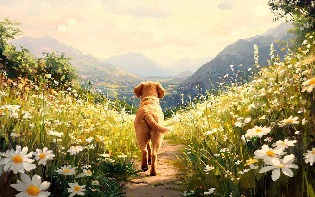 Golden Retriever walks in the field — desktop and phone wallpaper, free download