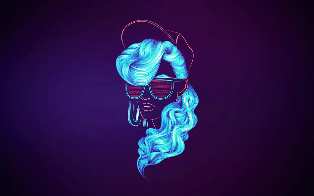 Neon woman with blue hair — desktop and phone wallpaper, free download