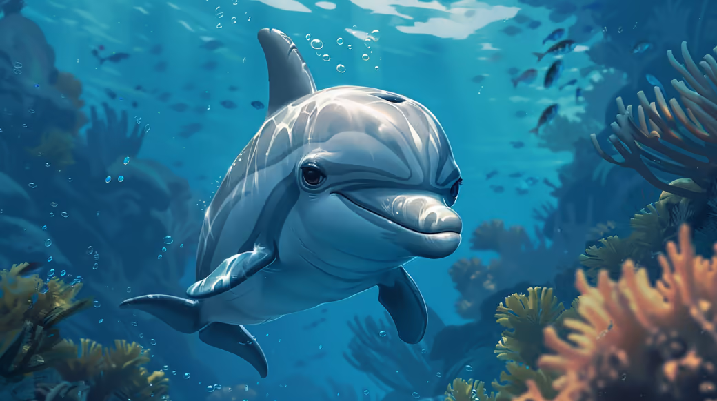 Curious dolphin swimming underwater — desktop and phone wallpaper, free download