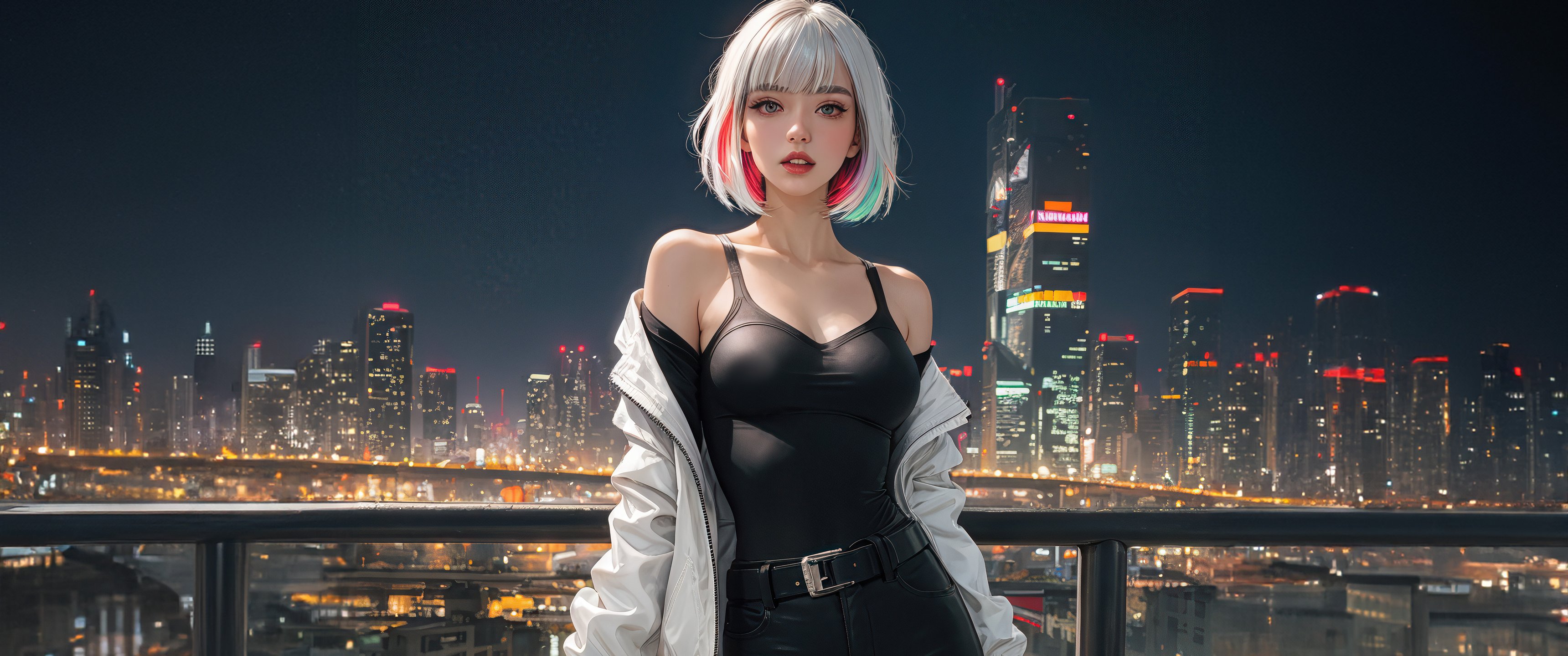 Аниме девушка на фоне ночного города - UltraWide 21:9 обои в разрешении 3440x1440