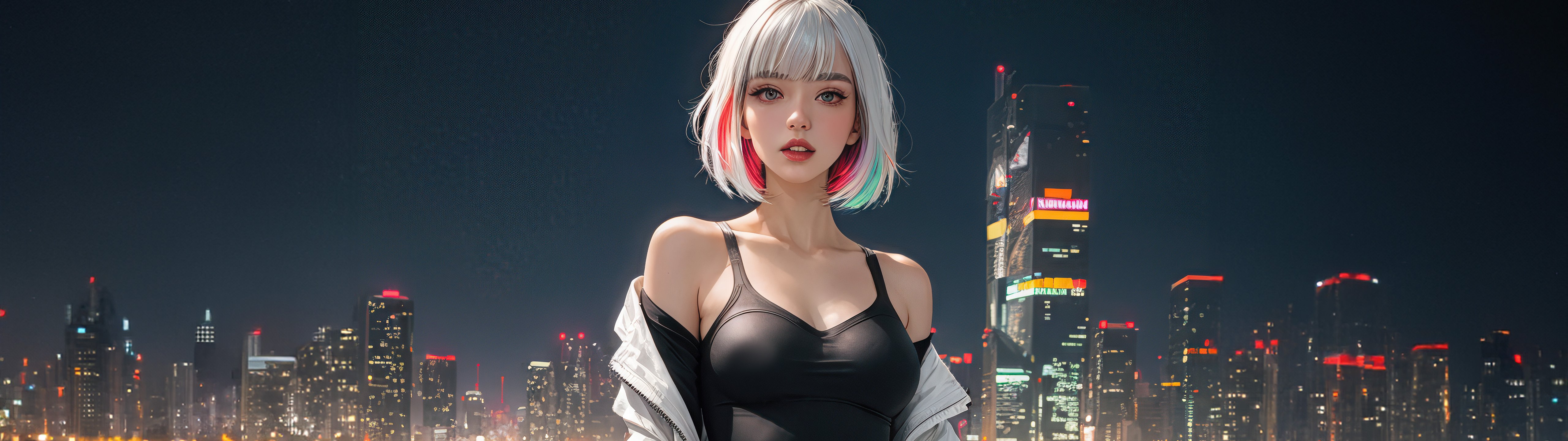 Аниме девушка на фоне ночного города - UltraWide 32:9 обои в разрешении 5120x1440