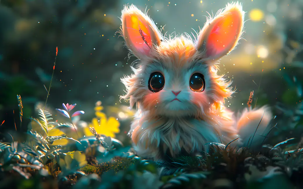 Fluffy bunny with big eyes in forest — desktop and phone wallpaper, free download