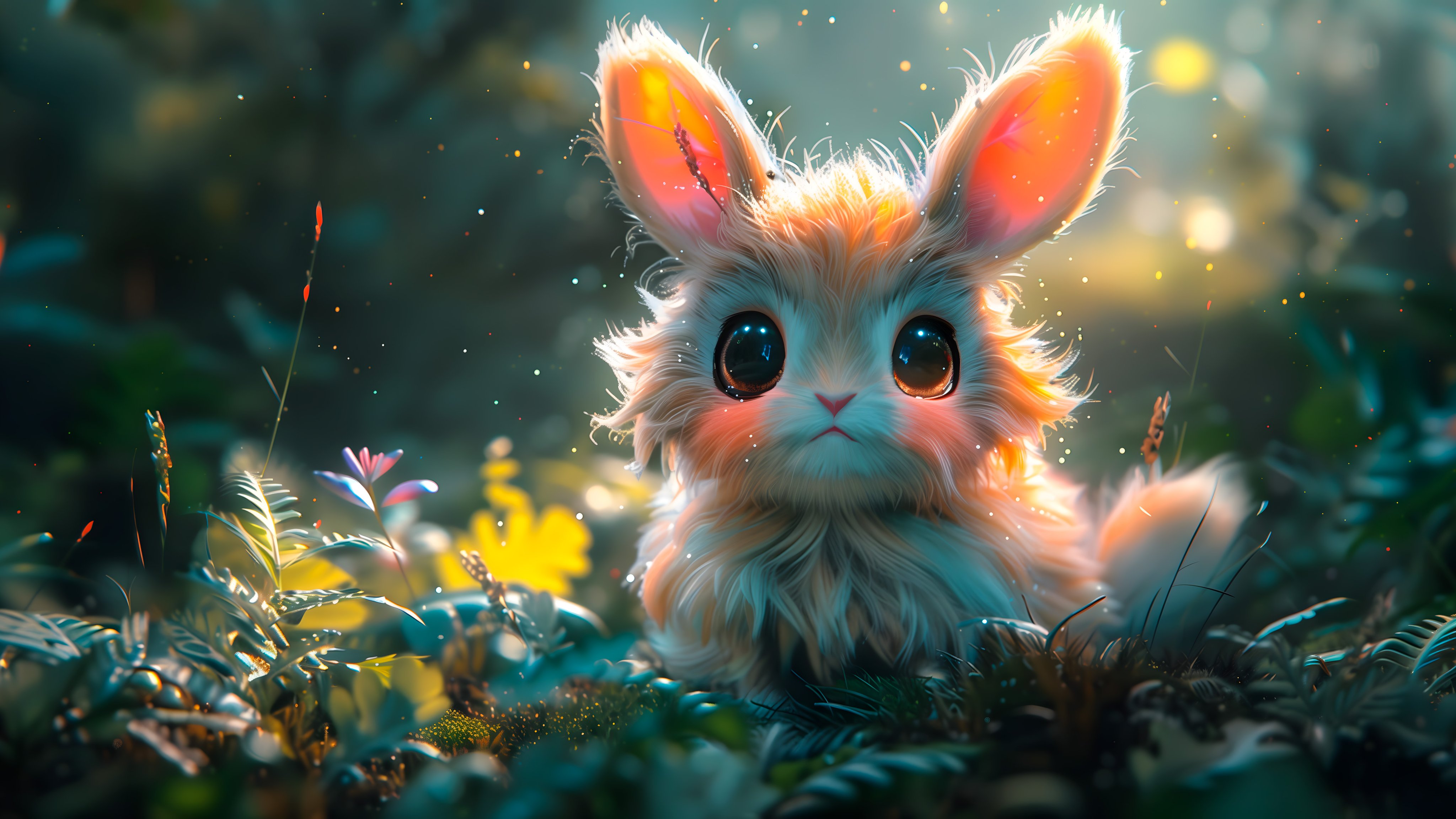 Fluffy bunny with big eyes in forest - Wallpapers for Apple iMac 21.5″ in 4096x2304 resolution