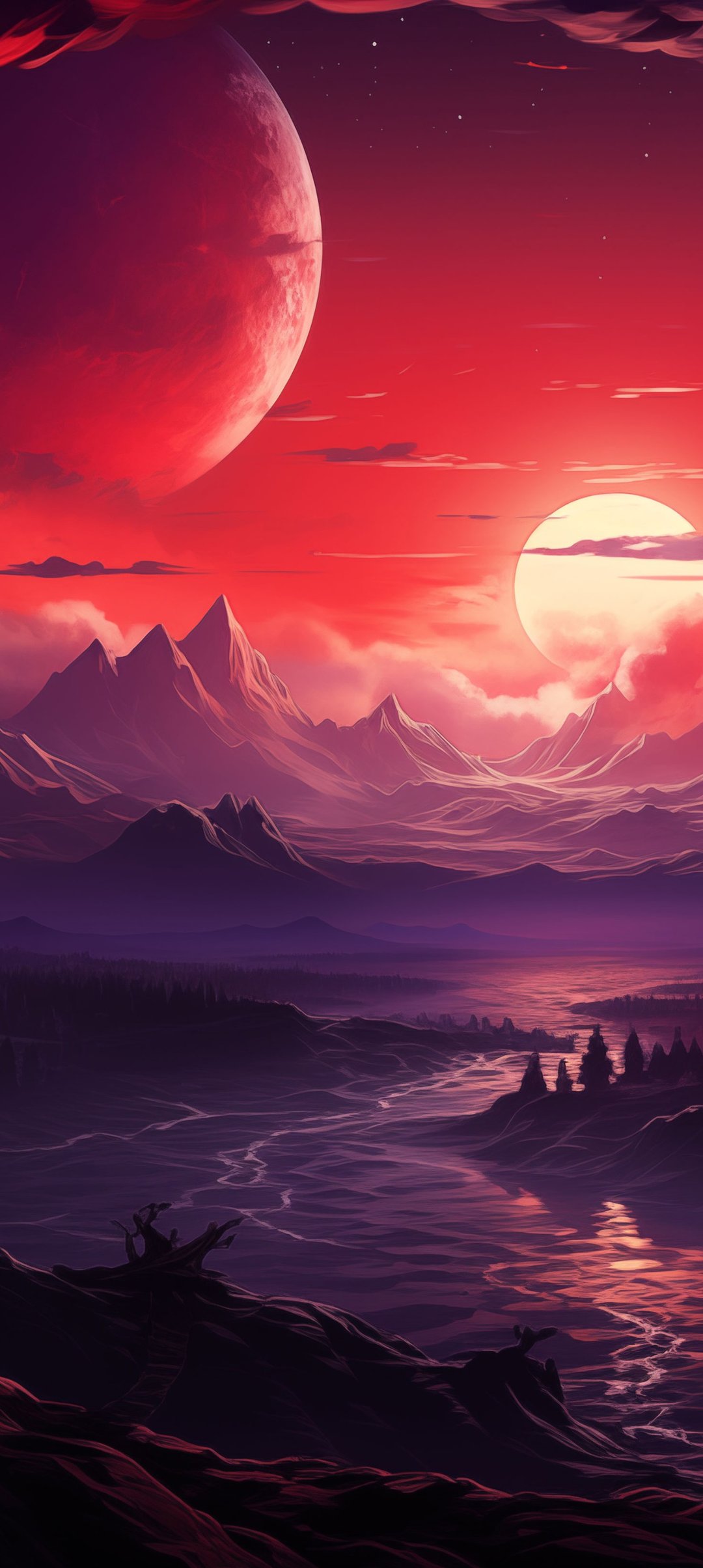 Landscape with two moons over mountains - Wallpapers for Samsung Galaxy A13/A14/A53, Realme 12 Pro 5G, POCO M5 in 1080x2408 resolution