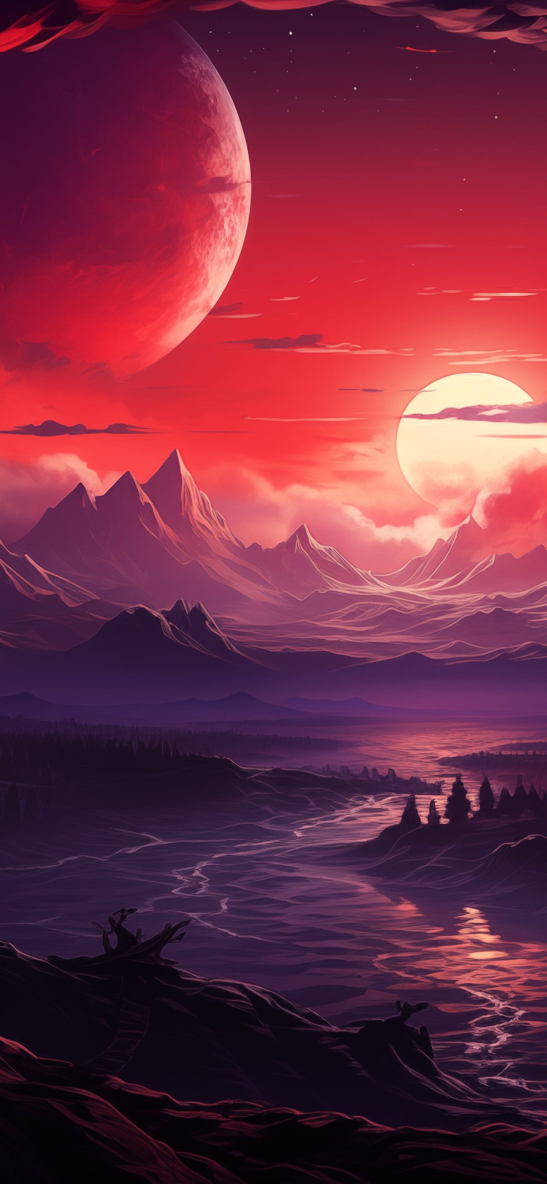 Landscape with two moons over mountains - Wallpapers for iPhone X/XS/11 Pro in 1125x2436 resolution