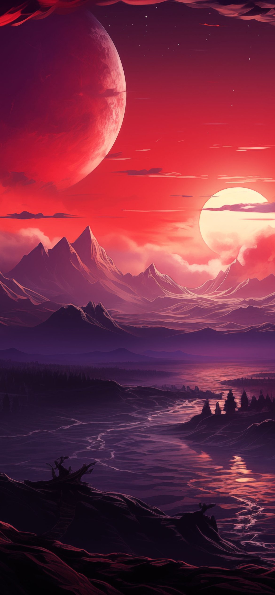 Landscape with two moons over mountains - Wallpapers for iPhone 12 Pro/13 Pro/14 in 1170x2532 resolution