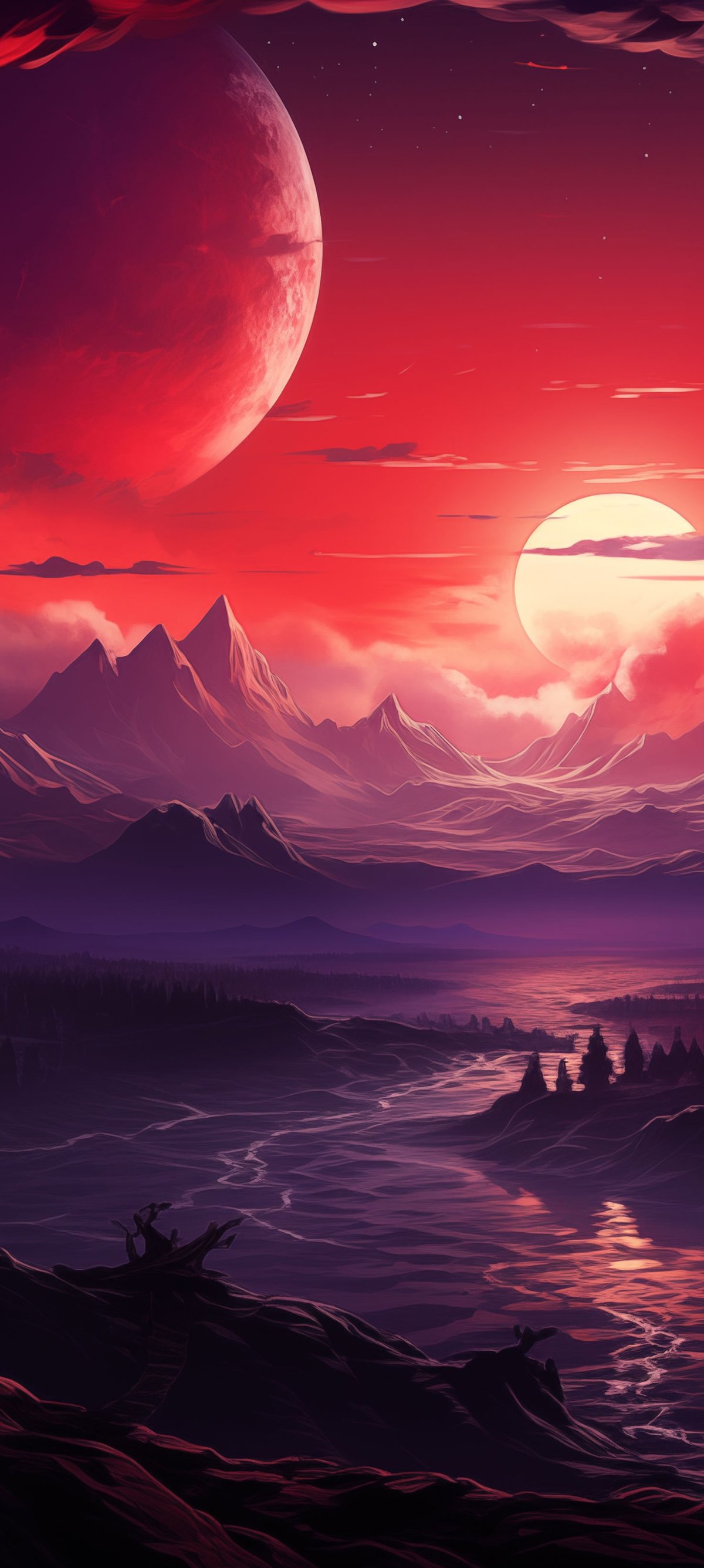 Landscape with two moons over mountains - Wallpapers for Xiaomi 15 in 1200x2670 resolution