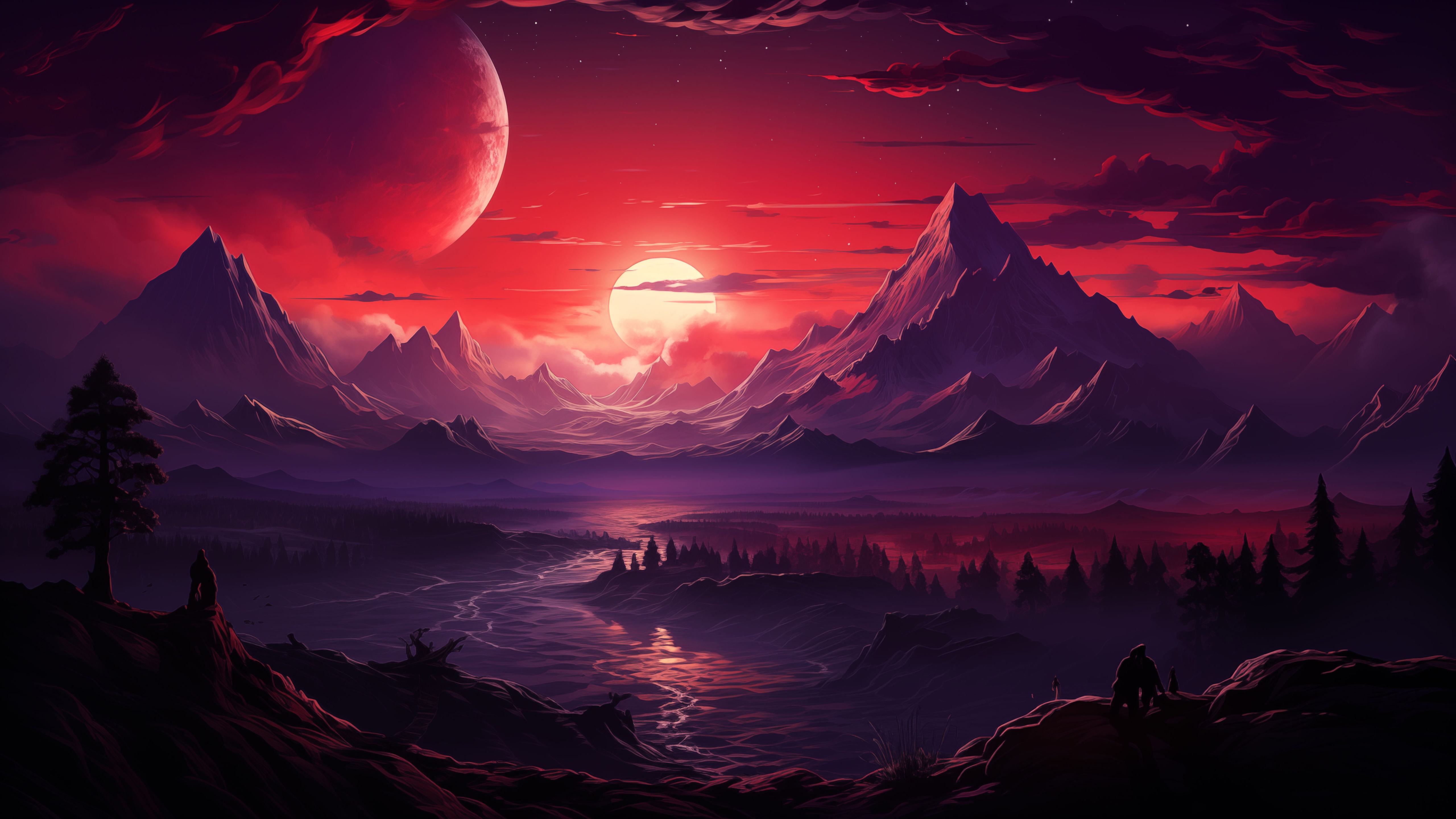 Landscape with two moons over mountains - 5K wallpapers in 5120x2880 resolution