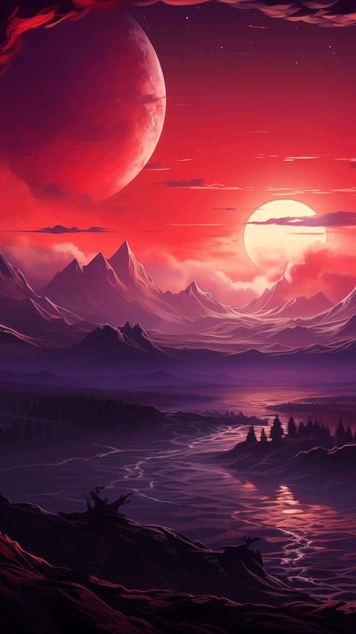 Landscape with two moons over mountains - Wallpapers for Samsung/LG in 720x1280 resolution