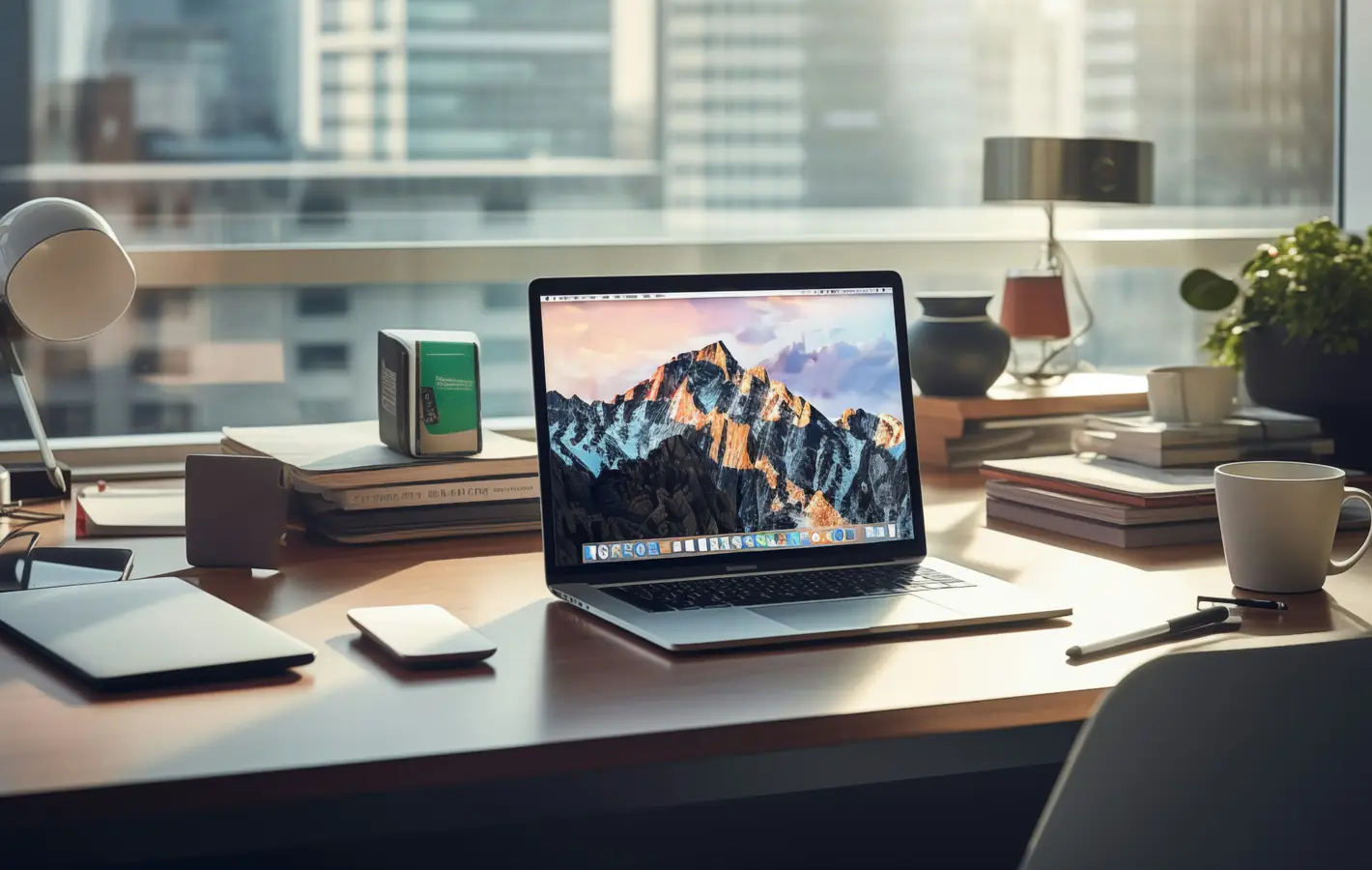 MacBook laptop on work desk with accessories — desktop and phone wallpaper, free download