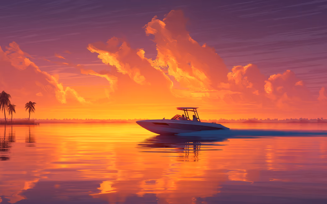 Sunset boat in the tropics — desktop and phone wallpaper, free download