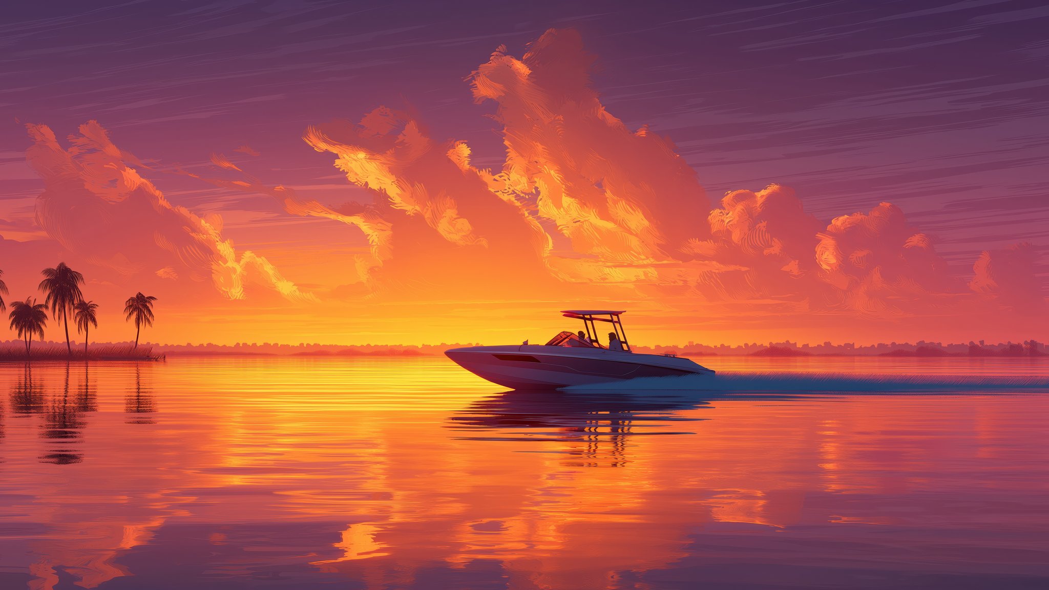 Sunset boat in the tropics - QWXGA wallpapers in 2048x1152 resolution