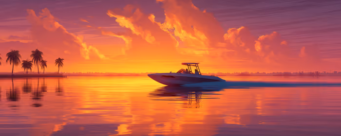 UltraWide 32:9 wallpapers (5120x1440): boat, tropics, sunset, palms