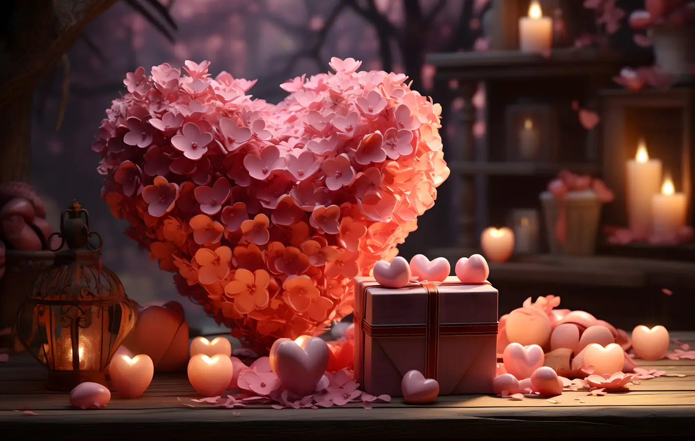 Pink flower heart and gift — desktop and phone wallpaper, free download