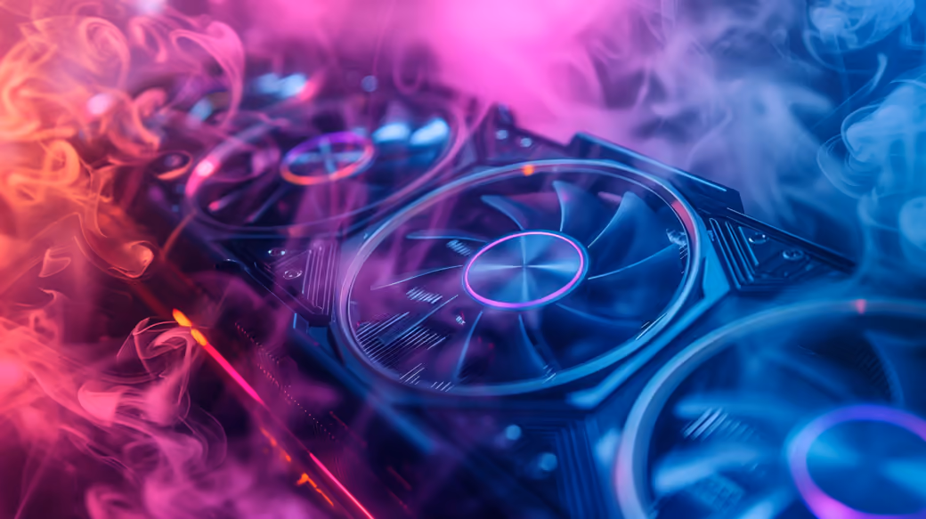 Powerful graphics card in pink light — desktop and phone wallpaper, free download