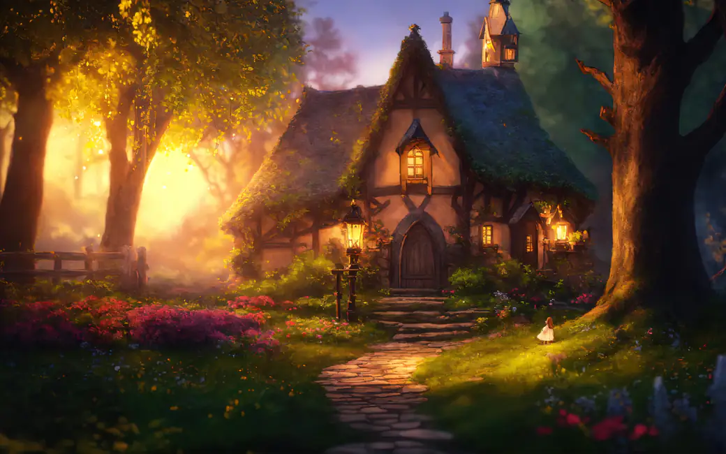 Cozy fantasy house in the forest — desktop and phone wallpaper, free download