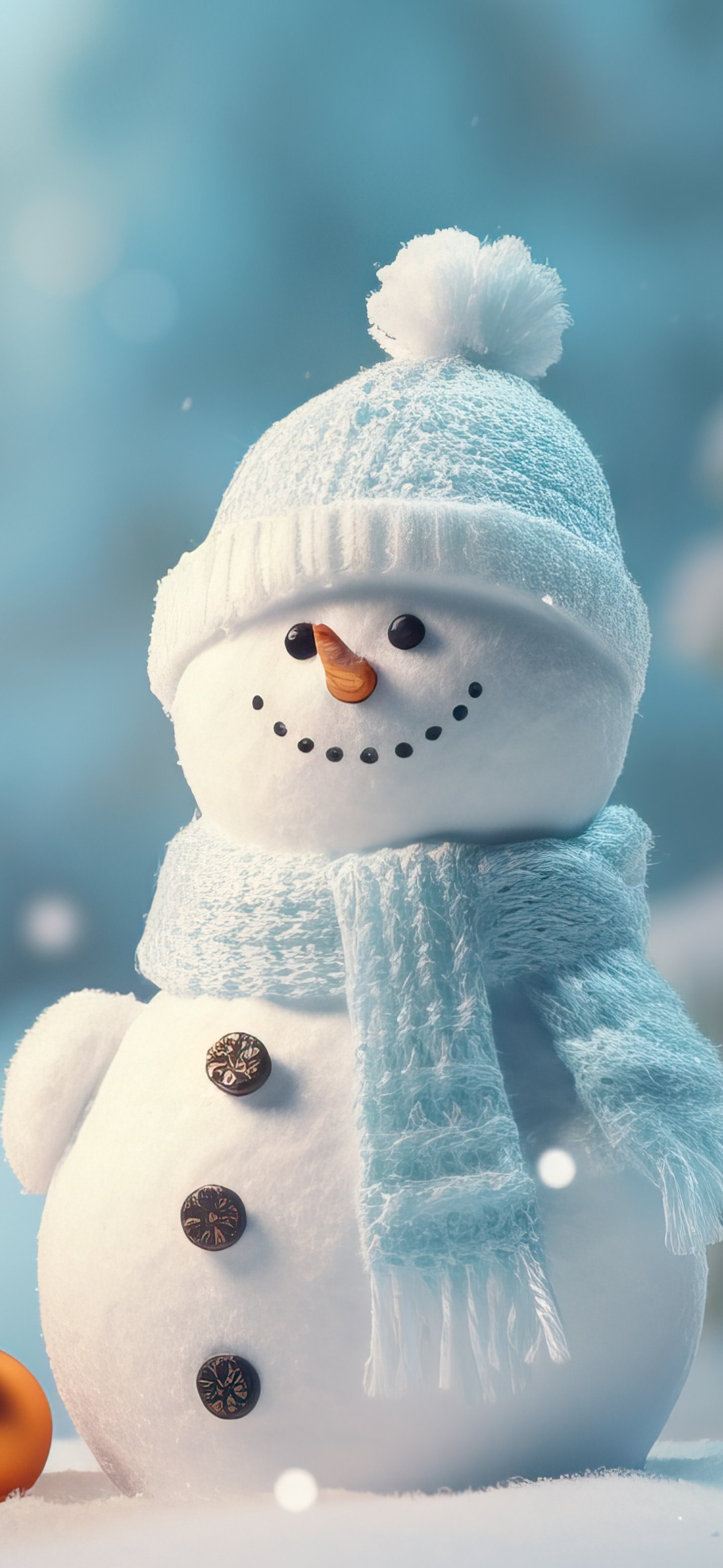 Smiling snowman with gift and baubles - Wallpapers for Samsung Galaxy S24/S24 Ultra/S25 Ultra/S25+/S26 Ultra in 1440x3120 resolution