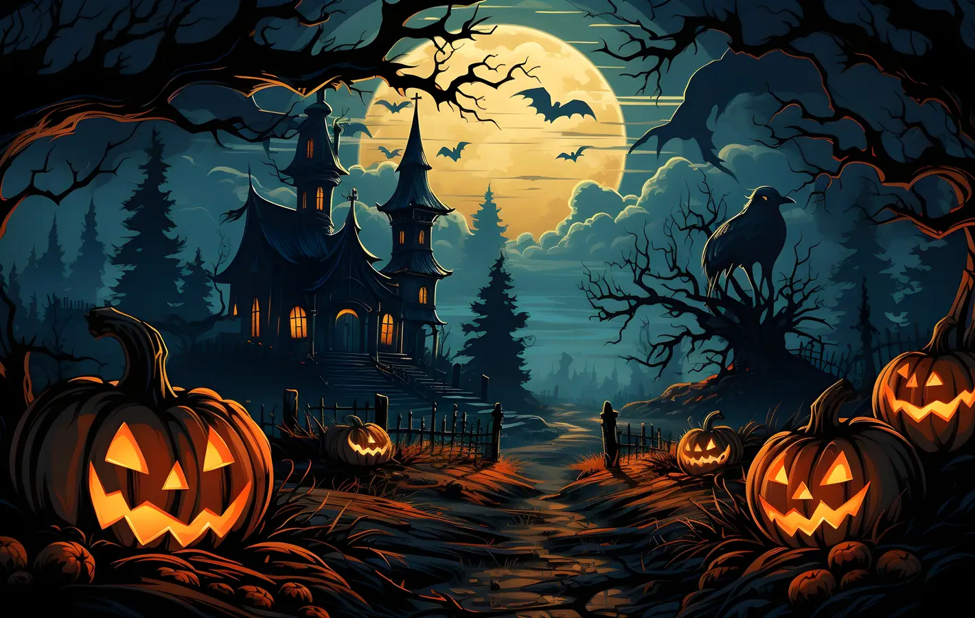 Halloween haunted mansion with pumpkins — desktop and phone wallpaper, free download