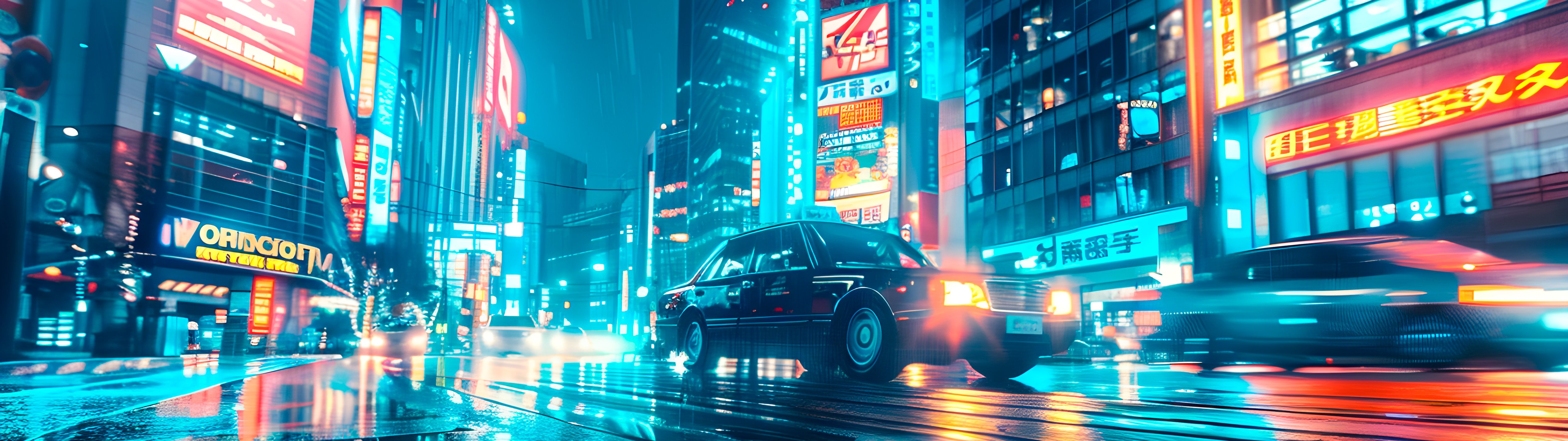 Night city in neon light - UltraWide 32:9 wallpapers in 5120x1440 resolution