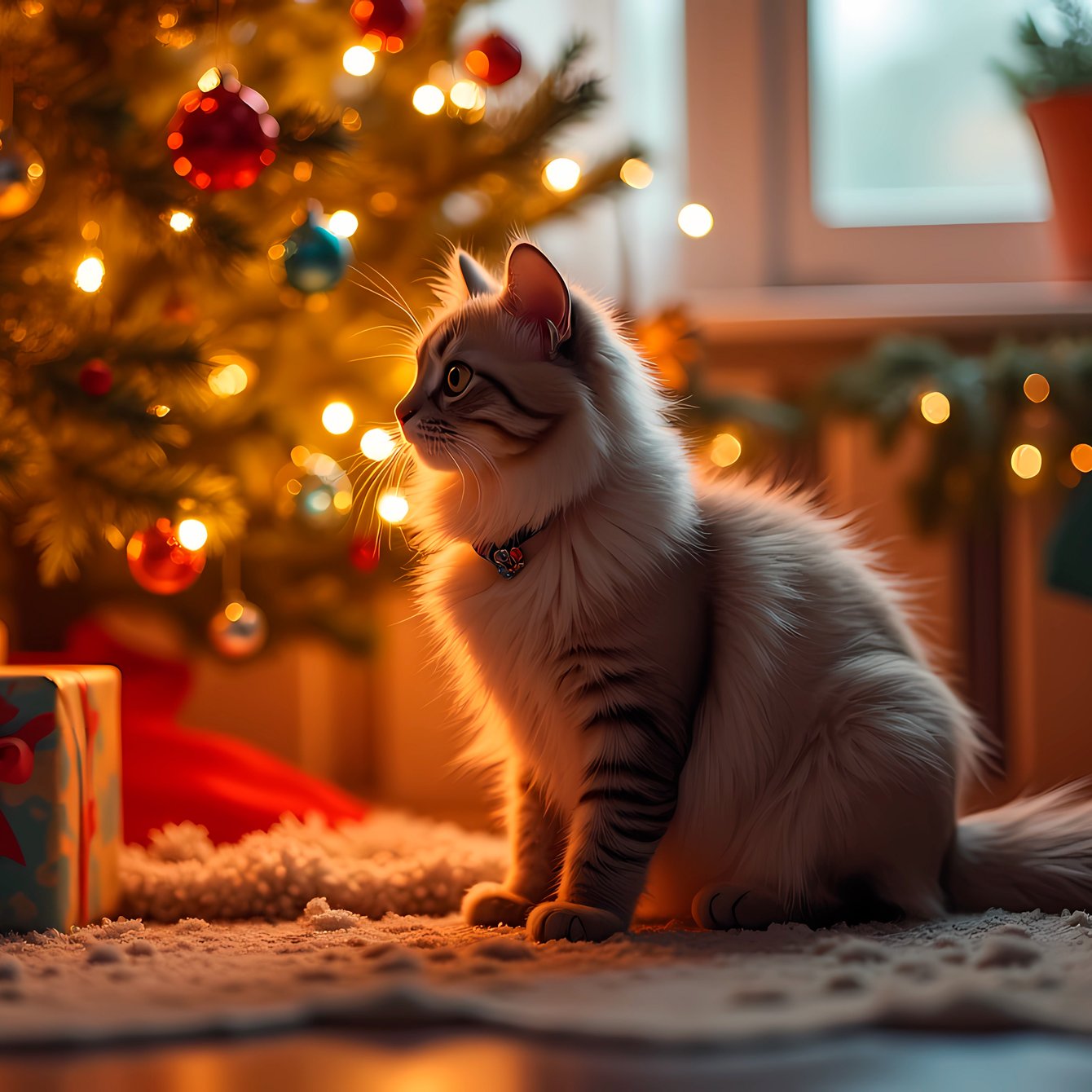 Cat at the Christmas tree - Wallpapers for Samsung Galaxy Tab in 1340x1340 resolution