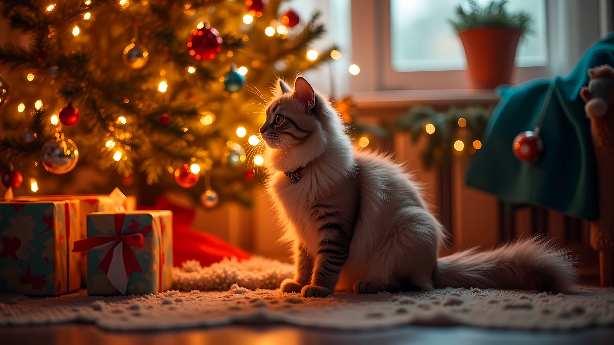 Cat at the Christmas tree - QWXGA wallpapers in 2048x1152 resolution