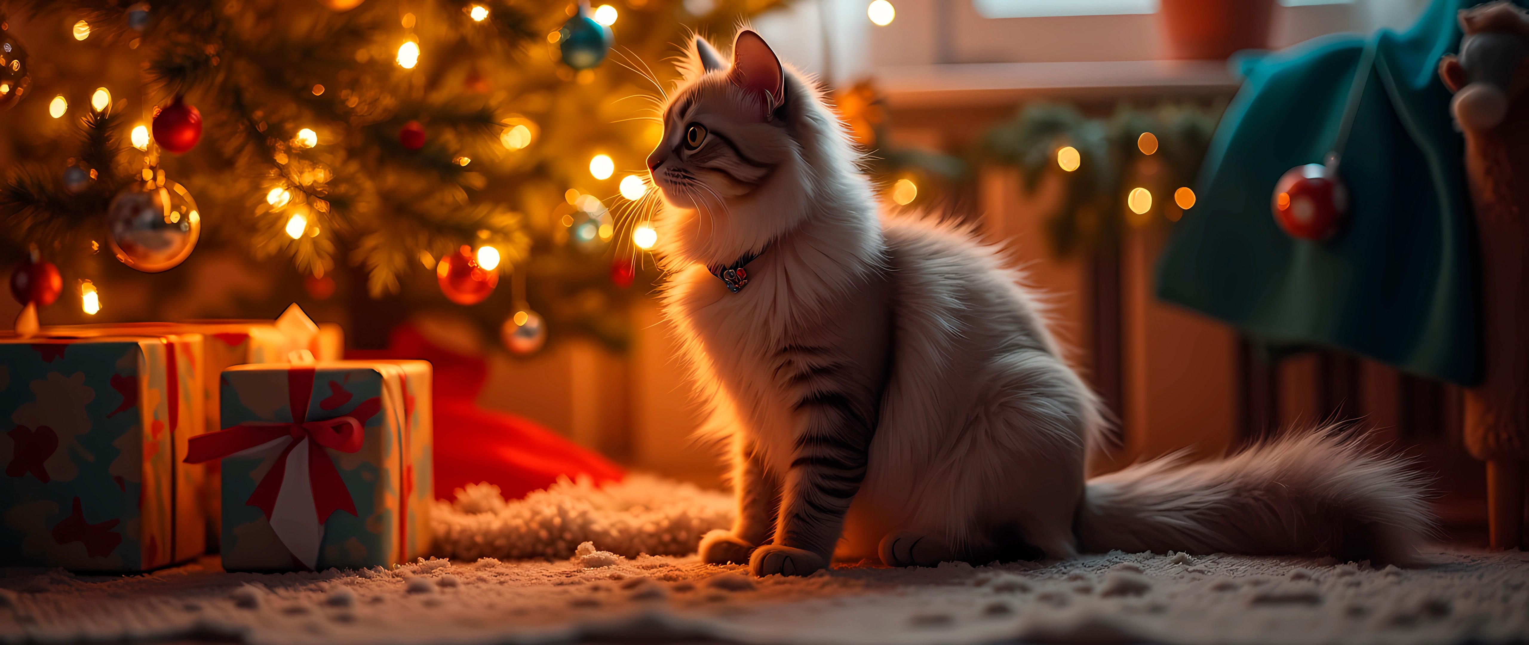 Cat at the Christmas tree - 5K2K UltraWide 21:9 wallpapers in 5120x2160 resolution