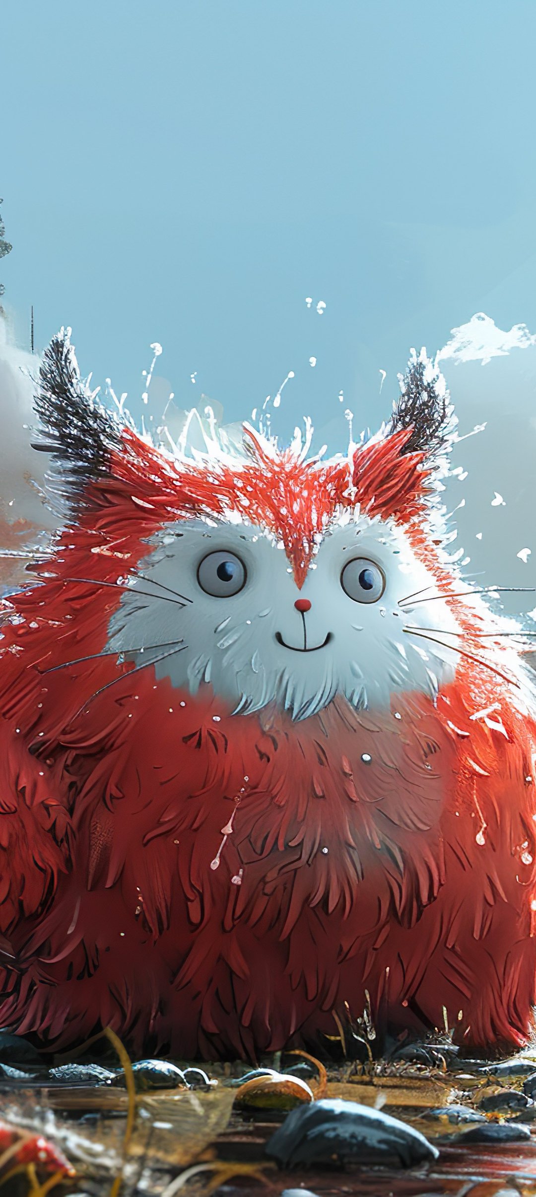 Fluffy red creature in bright forest clearing - Wallpapers for Samsung Galaxy A13/A14/A53, Realme 12 Pro 5G, POCO M5 in 1080x2408 resolution