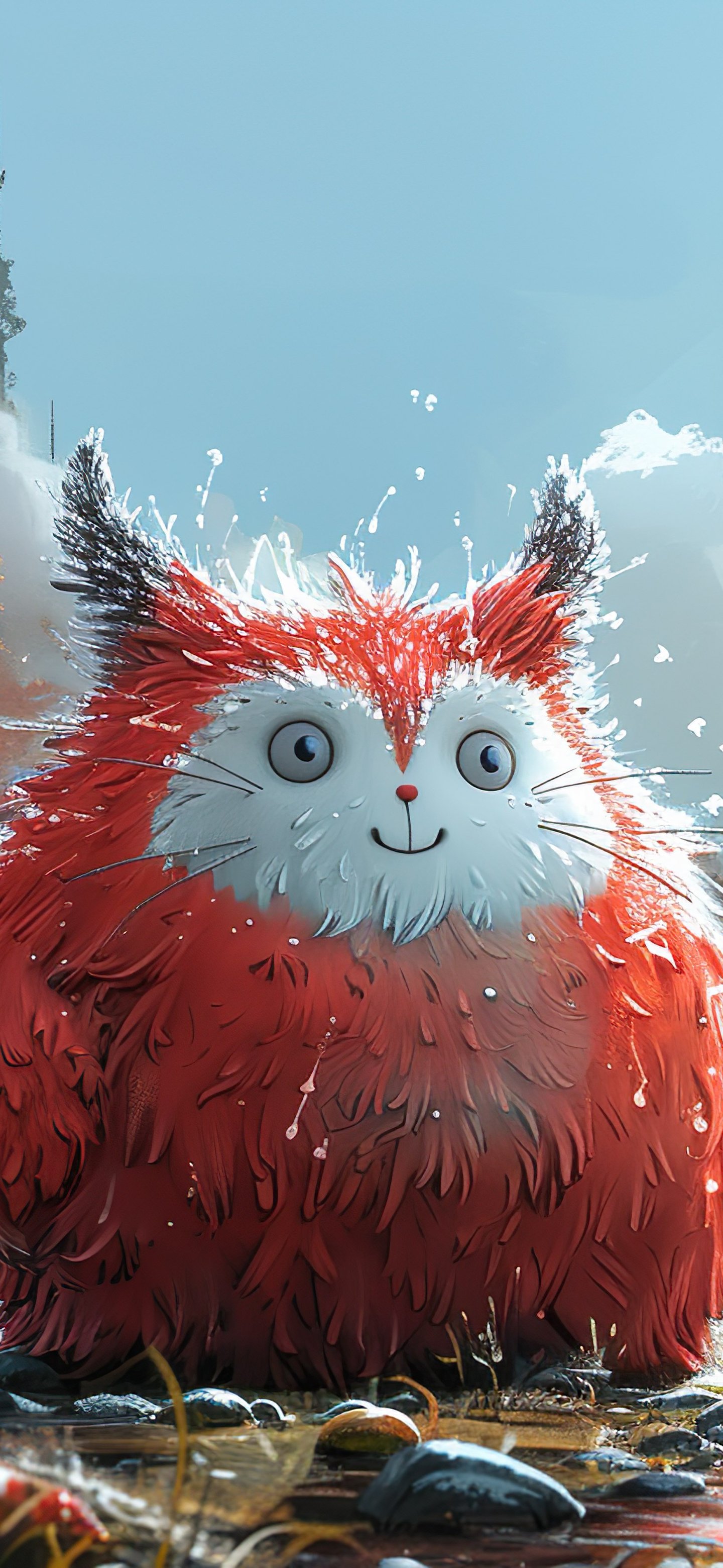 Fluffy red creature in bright forest clearing - Wallpapers for Samsung Galaxy S24/S24 Ultra/S25 Ultra/S25+/S26 Ultra in 1440x3120 resolution