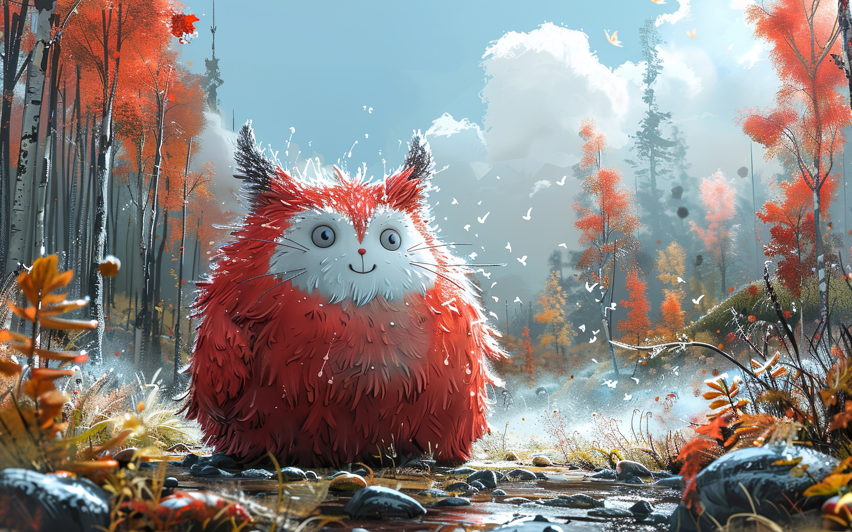 Fluffy red creature in bright forest clearing - Wallpapers for Apple MacBook 15″ in 2880x1800 resolution