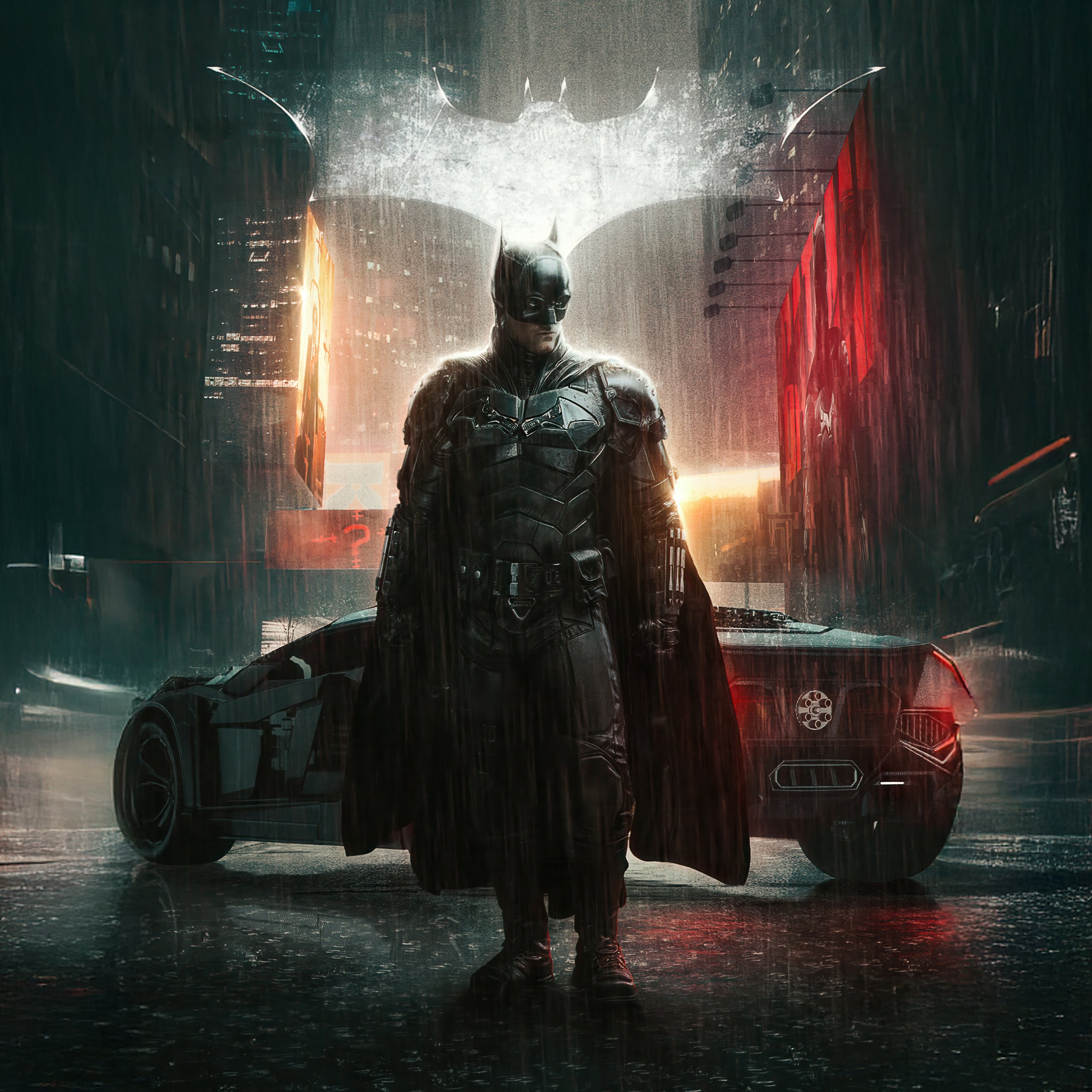 Batman in rain with Batmobile - Wallpapers for Samsung Galaxy Tab S9 FE+/Tab S11, Xiaomi Pad 5, Redmi Pad 2 Pro, POCO Pad in 2560x2560 resolution