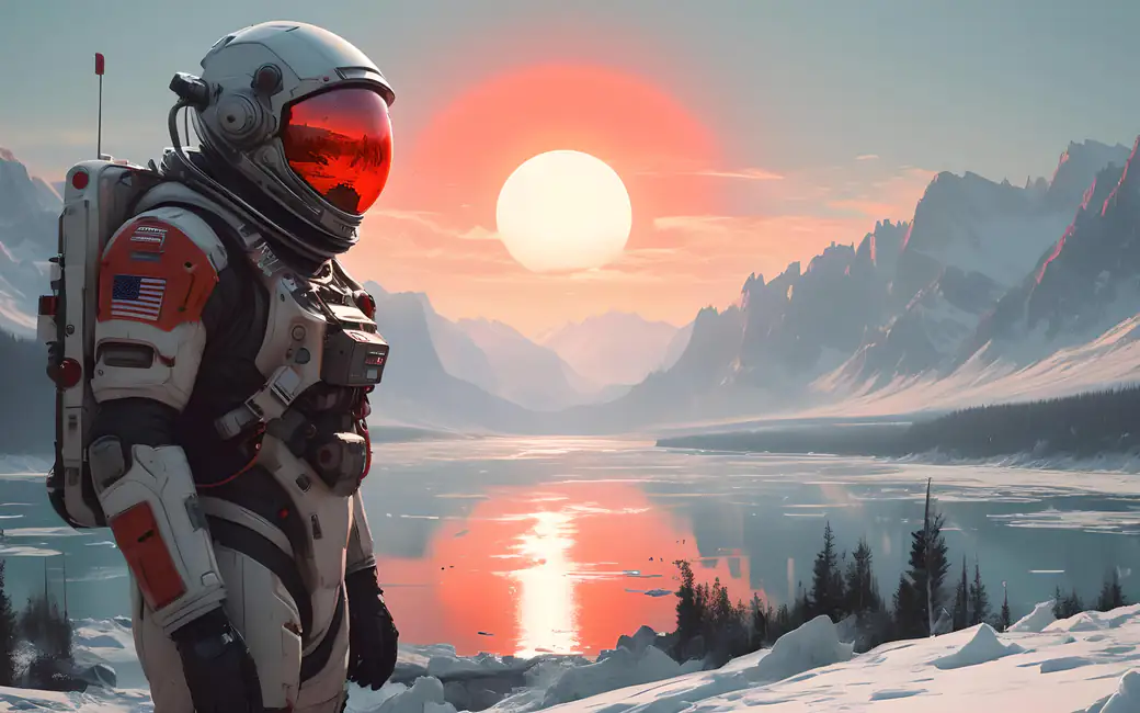 Astronaut exploring icy mountain lake — desktop and phone wallpaper, free download