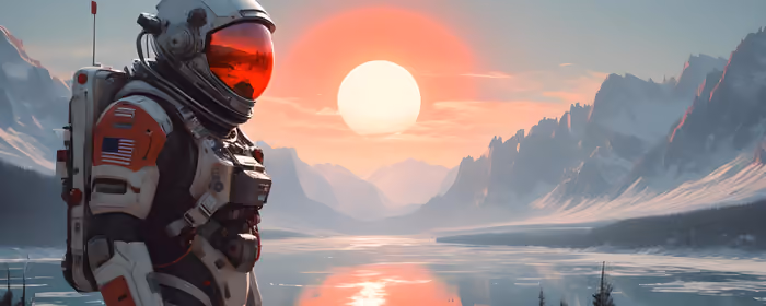 Обои холод для двух мониторов (7680x2160): космонавт, внеземной, скафандр, озеро